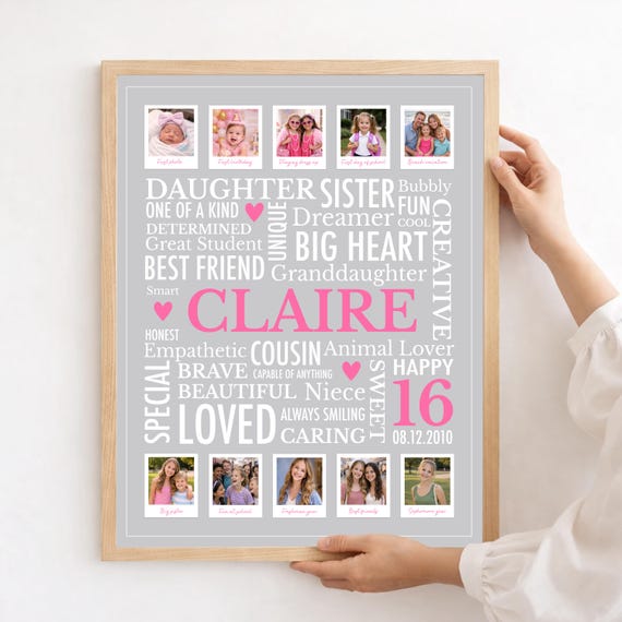 Sweet Sixteen Poster for Girl Turning 16: Daughter, Granddaughter, Niece Birthday Gift with Photos