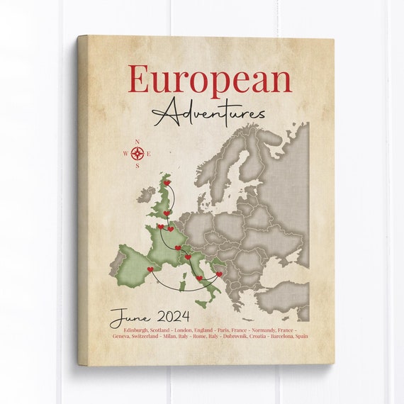 European Adventures Map, Personalized Travel Decor, Trip Memento, Route of Vacation in Europe