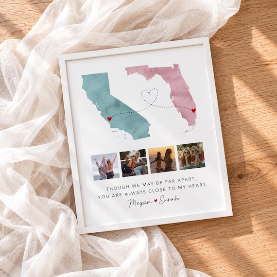Long Distance Friendship Gift | Personalized State Map Print with Photos