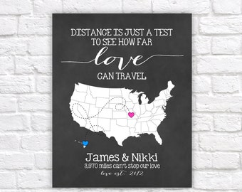 Long Distance Relationship Gift for Boyfriend, Fiance, Husband -  Custom Map, Art Print, Distance is just a Test, Mileage between us WF104