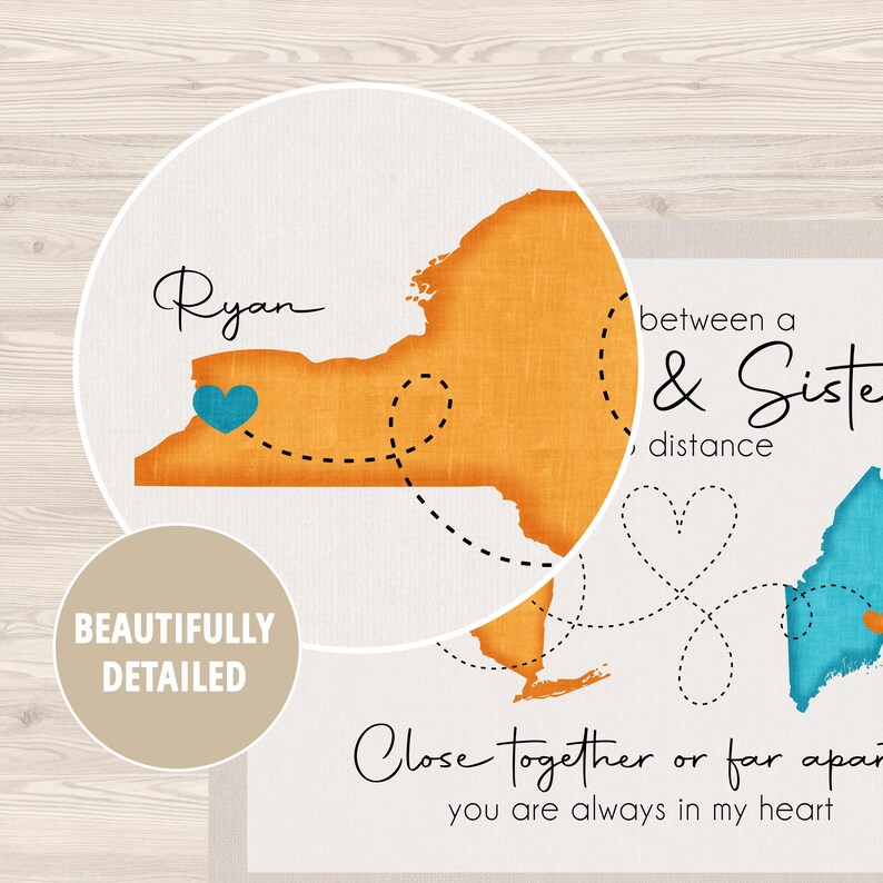 Long Distance Siblings Long Distance Brother and Sister Maps - Personalized Christmas Gift for ...