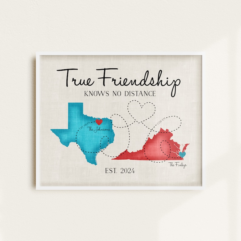 Going Away Gifts, Moving Gift for Friends, Long Distance Friend Quote, Map, Moving Out of State, Another Country, Texas, Virginia image 2