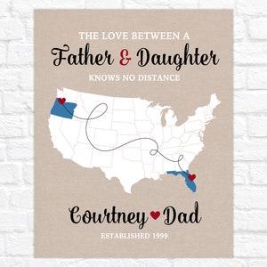 Personalized Long Distance Father Daughter Map Custom Names and Locations Unique Gift for Dads and Daughters, Fathers Day 2023 image 5