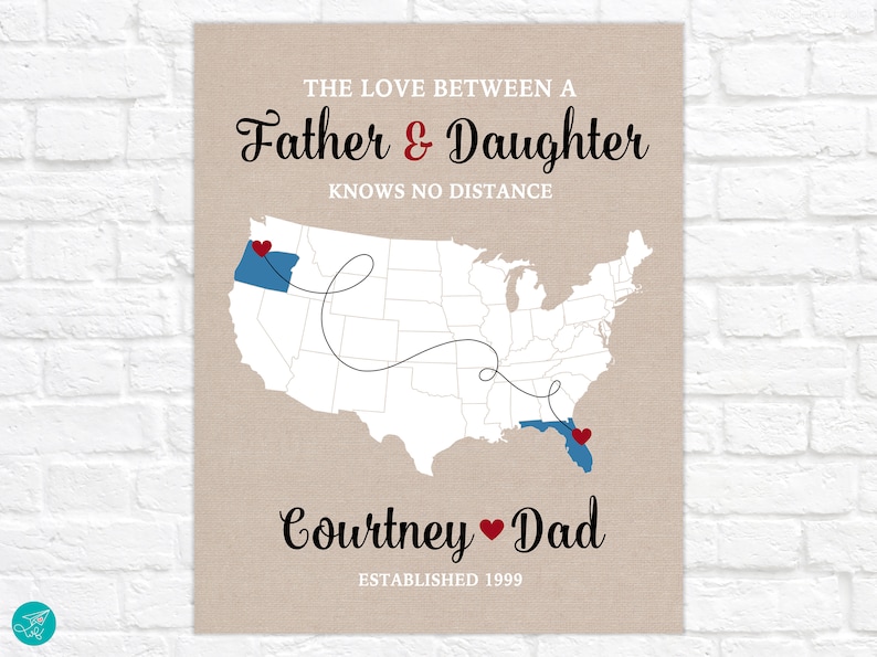 Personalized Long Distance Father Daughter Map Custom Names and Locations Unique Gift for Dads and Daughters, Fathers Day 2023 image 5