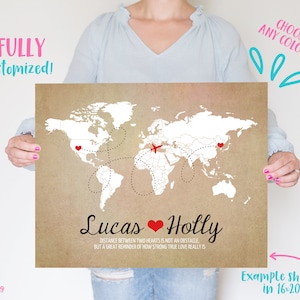 Long Distance World Map, Rustic Wedding Gift, Art Print, Custom Engagement Gifts, Anniversary, Names, Hearts, Deployment, Quote Paper Map image 6