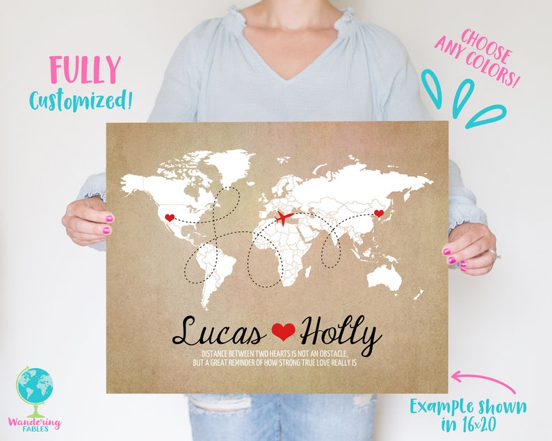 Long Distance World Map, Rustic Wedding Gift, Art Print, Custom Engagement Gifts, Anniversary, Names, Hearts, Deployment, Quote Paper Map image 6