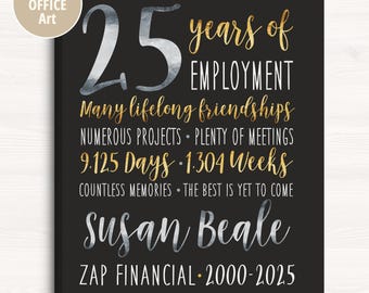 Retirement Company Gift, Boss, Customized Art for Coworker, Employee Gifts, Silver and Gold, Employee of the Month, Reward, 25 Years