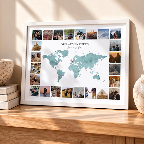Personalized World Map for Couples | Travel Photo Collage Art | Anniversary Gift Idea