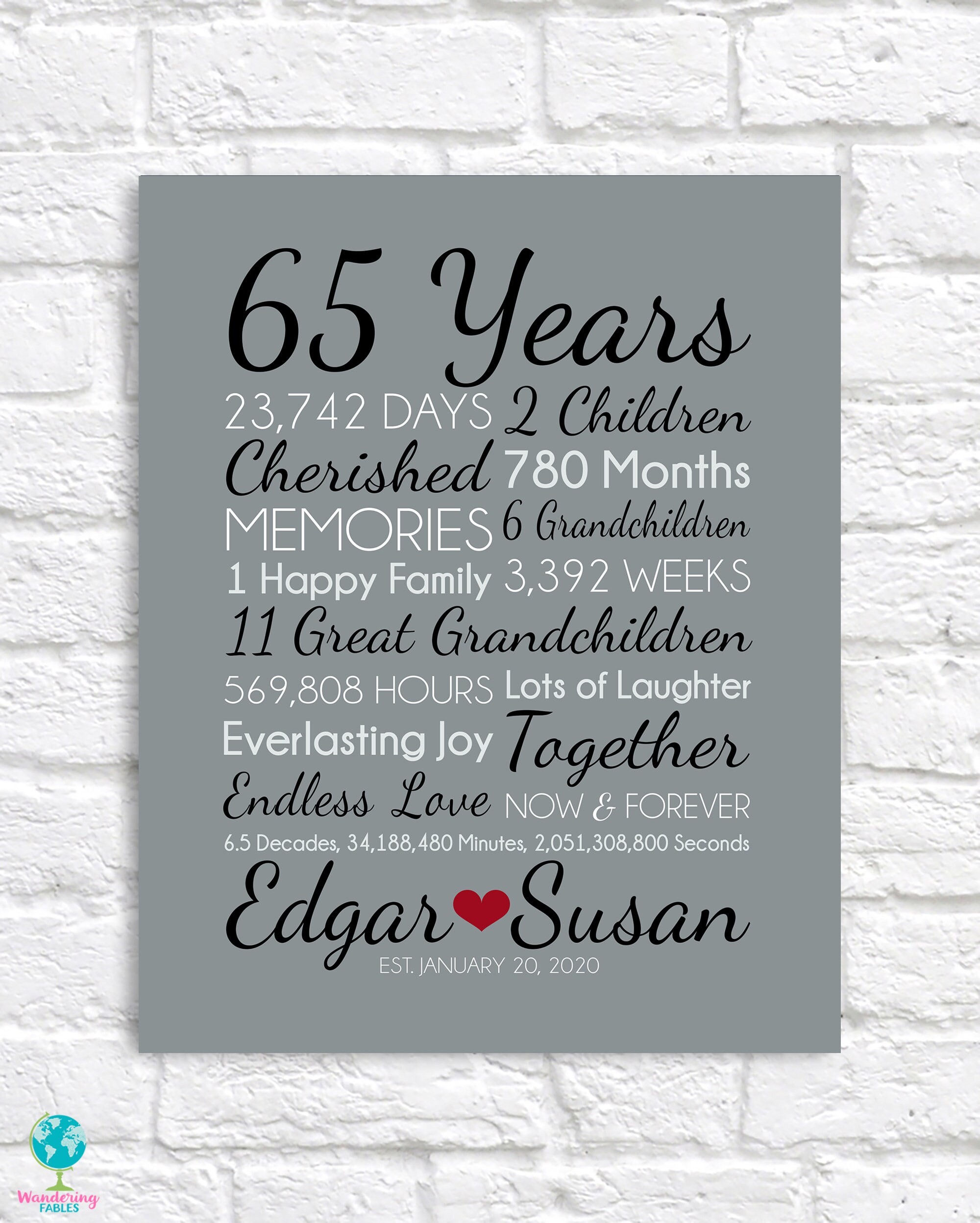 65 Year Anniversary Personalized Art Marriage Wedding