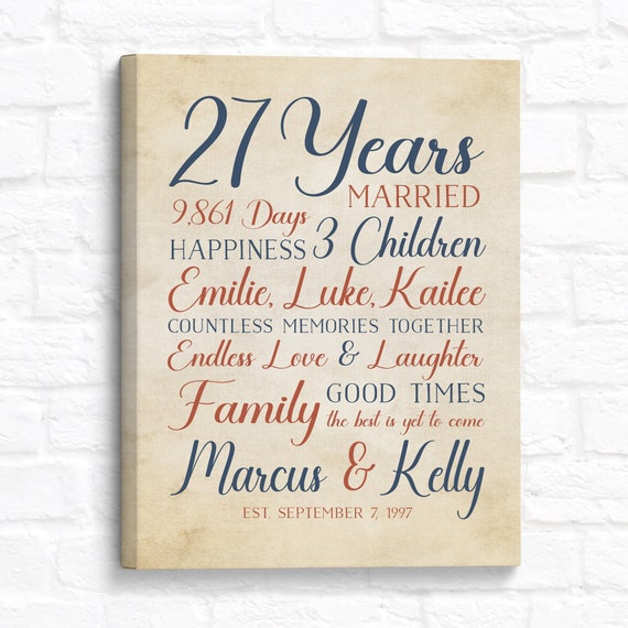 27th Anniversary Art: Personalized Family Names & Date Print