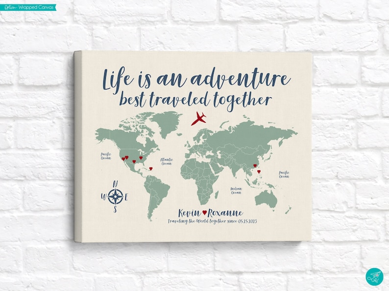 Custom World Map Travel Poster Personalized Travel Map with Travel Quote Life is an Adventure Personalized Gift image 1