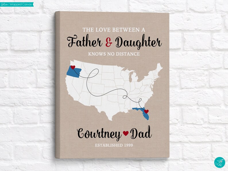 Personalized Long Distance Father Daughter Map Custom Names and Locations Unique Gift for Dads and Daughters, Fathers Day 2023 image 1