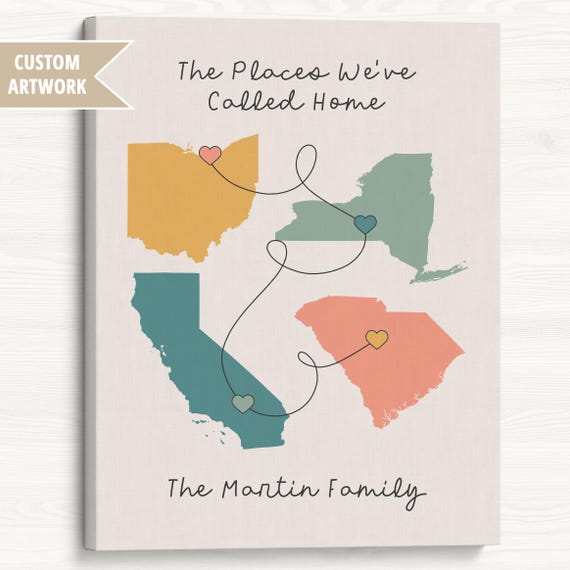 Custom Family Map Art – The Places We've Called Home, Housewarming Gift