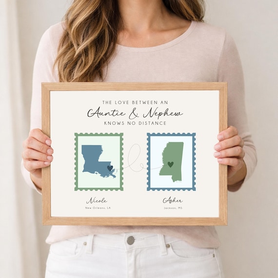 Personalized Auntie Nephew Map Art, Long Distance Connection Print