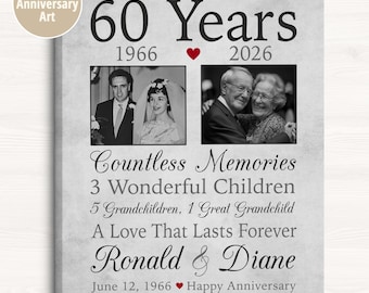 Personalized 60th Anniversary Photo Print: Then & Now Canvas Sign