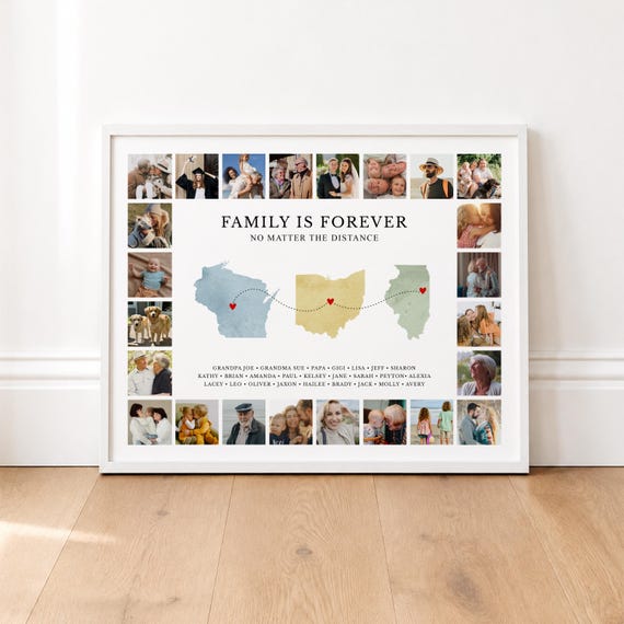 Personalized Long Distance Family Map Print with Photos | Photo Collage Art | Printed Poster