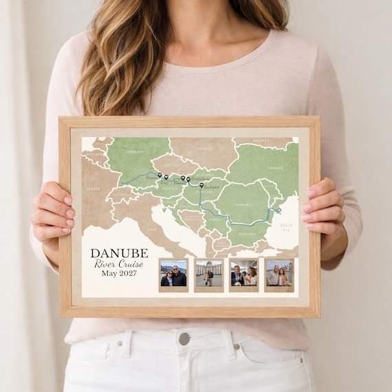 Danube River Cruise Map: Personalized Travel Itinerary, Gift for Couple or Family