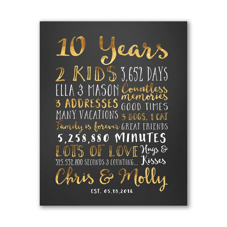 10 Year Anniversary Personalized Art for Home Decor, Gift for Wife on 10th Anniversary, Husband Anniversary Present, Married 2014 image 6