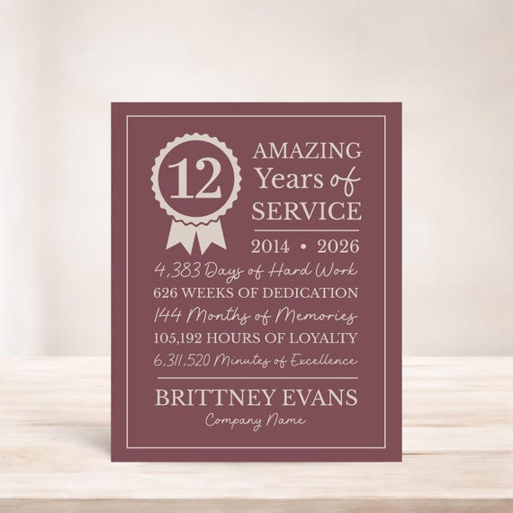 Gift for Employee: Personalized Work Anniversary Gift, Plaque with Years at Company