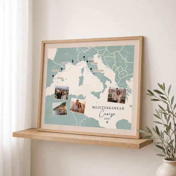 Mediterranean Cruise Map with Photos: Personalized Trip Route Gift