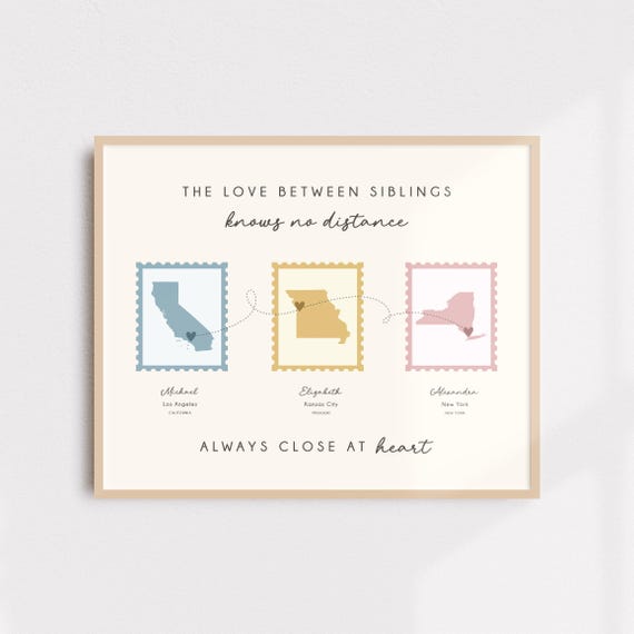 Personalized Sibling State Map Print, Long Distance Gift