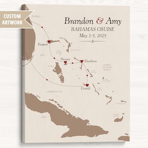 Carte de croisière personnalisée aux Bahamas, cadeau pour les couples, oeuvre d'art murale sur toile avec carte des îles Bahamas