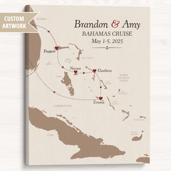 Personalized Bahamas Cruise Map: Couples Canvas Wall Art