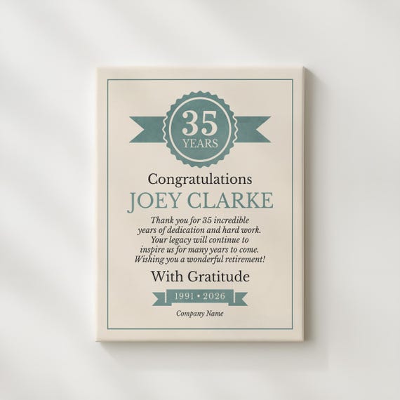 Employee Recognition Plaque: Personalized Years of Employment Gift, 35th Anniversary