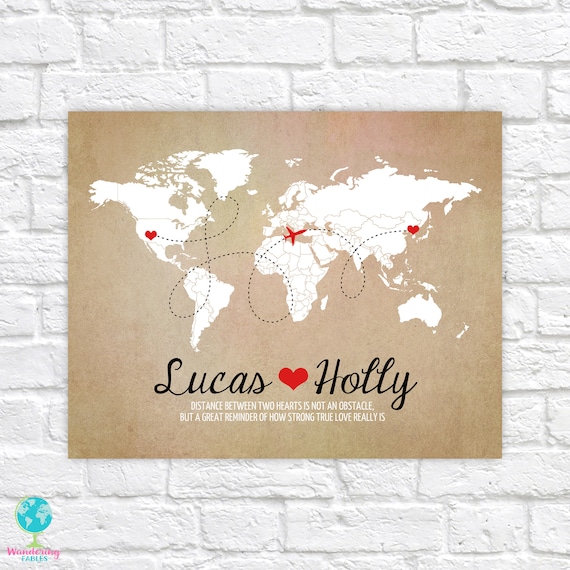Personalized World Map Print: Long Distance Gift, Custom Names & Quote