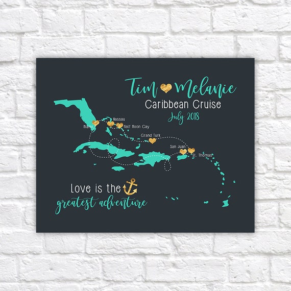 Personalized Caribbean Cruise Map: Couple's Travel Gift