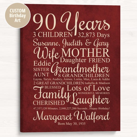 Personalized 90th Birthday Canvas, Gift for Grandma