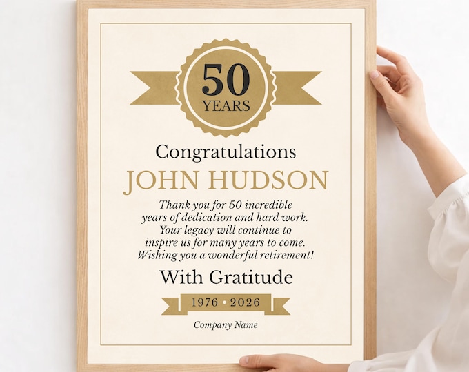 Featured listing image: Retirement Gift for Employee: 50 Year Anniversary Plaque