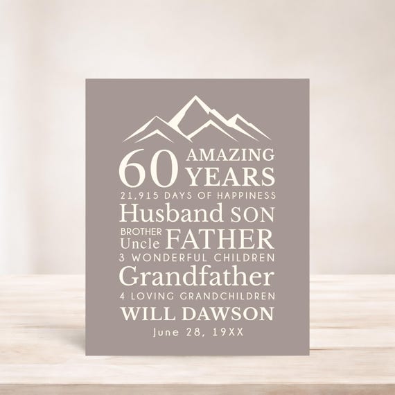 Mens 60th Birthday Gift: Personalized Word Art with Mountains