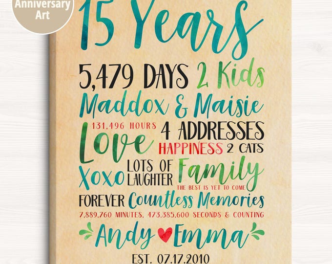 Featured listing image: Modern Anniversary Gift Idea, Choose Any Year Wedding or Relationship Anniversary, 15th, 15 years of Fun, Gift for Wife