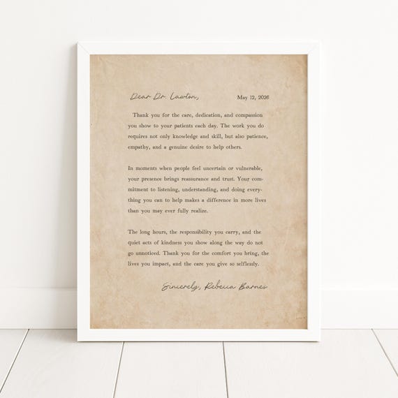 Thank You Gift for Doctor: Personalized Office Wall Art, Letter from Patient