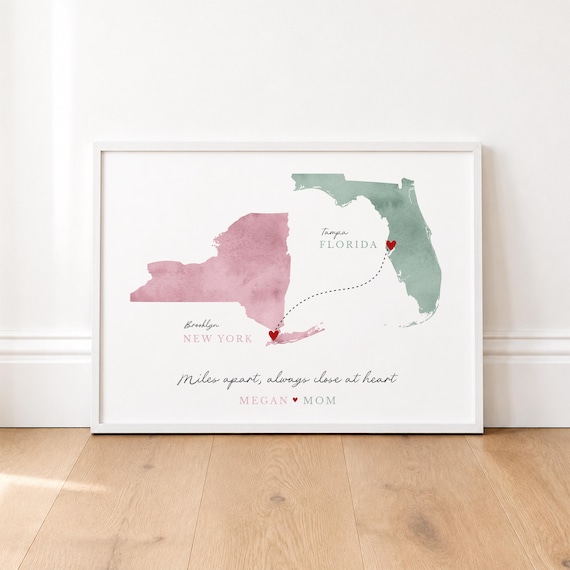 Miles Apart Map Print: Personalized Gift for Mom or Daughter, Moving Away Maps