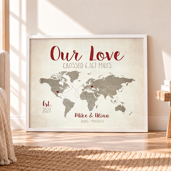 Personalized Long Distance Relationship Map Art, Couple Anniversary Gift