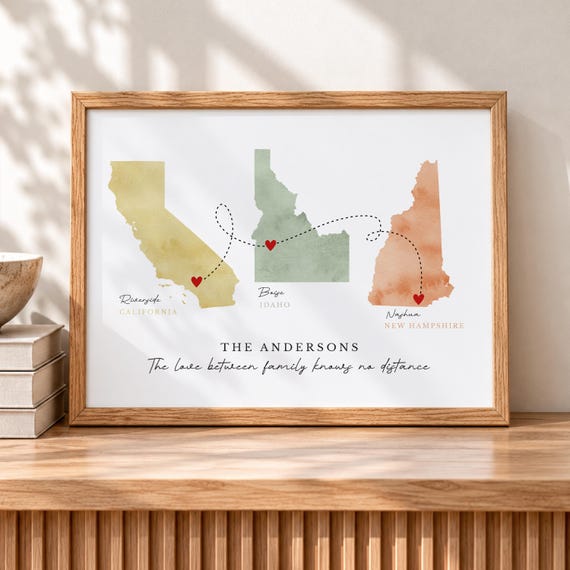 Personalized Family Map Art: Long Distance Gift, 3 Map Print