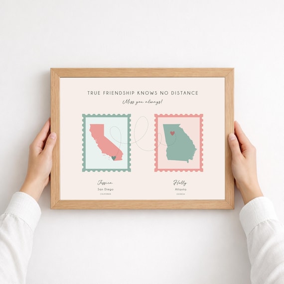 Custom Two States Print, Long Distance Friend Gift, Friendship Map Connects Locations