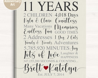11th or ANY Year Anniversary Gift Art, Personalized Sign with Couples Relationship Information, 11 Years Together Gifts
