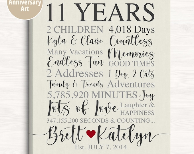 Featured listing image: 11th Anniversary Gift Personalized Sign, Custom Couples Relationship Art, 11 Years Together Keepsake, Unique Yearly Milestone Present