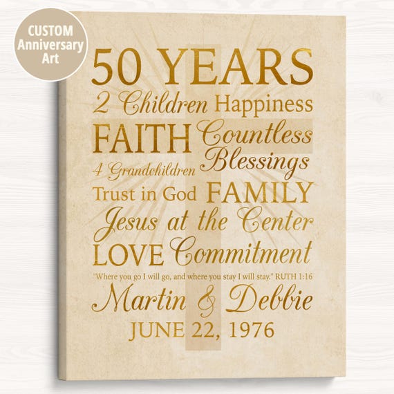 Personalized Christian 50th Anniversary Art: Gold Cross, Religious Gift