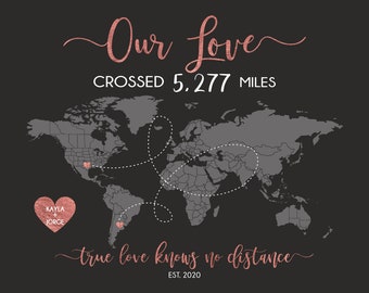 Long Distance Relationship Map, Couple Love Map Custom Designed Gift, Life Adventure World Map, International Lovers, Rose Gold