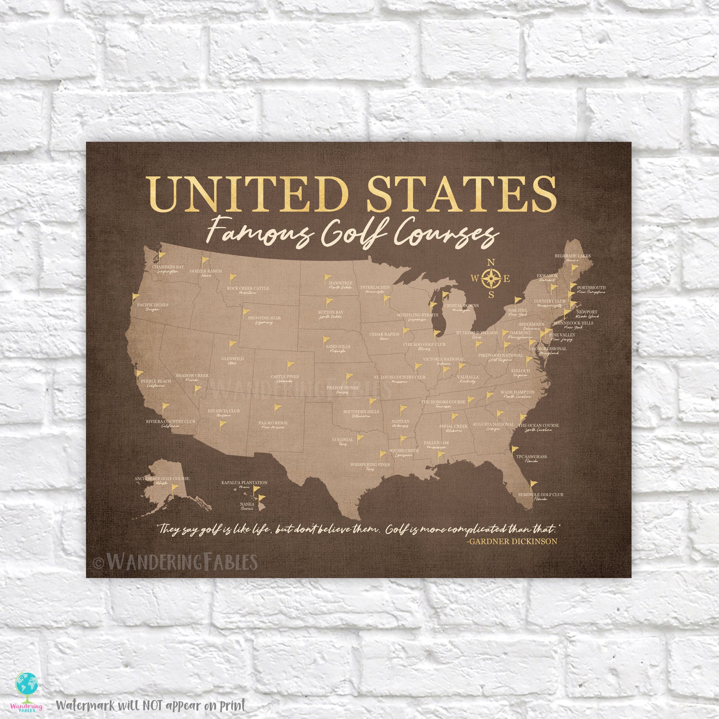 United States Famous Golf Courses Map Gift For Golfer Golf Decor
