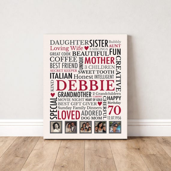 70th Birthday Gift for Woman: Personalized Word Art and Photo Collage, Print or Canvas
