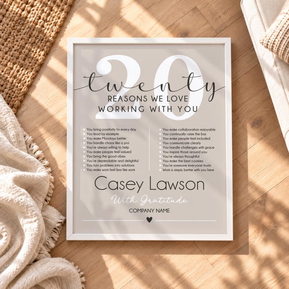 20 Year Work Anniversary Gift: 20 Reasons We Love Working With You, Personalized Plaque