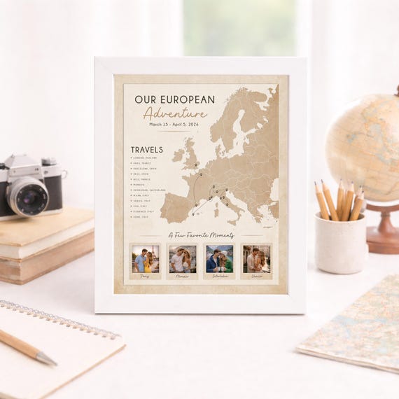 Personalized Europe Travel Map with Photos: Canvas or Printed Artwork, Gift for Travelers