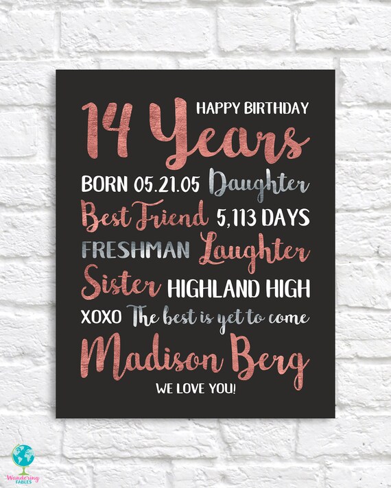 Word Art Personalised Gift Print Any Age Unique Presents 14th Birthday Gifts for her Keepsake Gifts for 14 Year Old Girls or Boys Son Daughter Sister Brother Personalised Birthday Gifts 