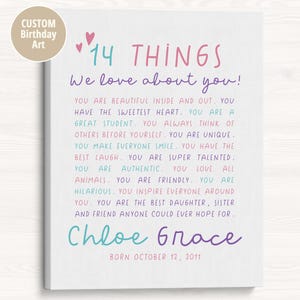 14e verjaardagscadeau voor meisje, dochters 14e verjaardag poster, 14 Things We Love About You, cadeau voor 14-jarige verjaardag, bord verjaardagsfeestje