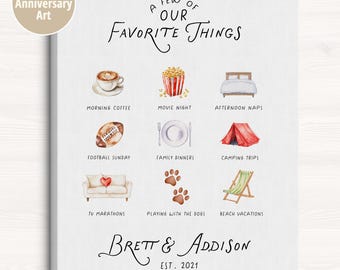 Custom Couple Favorite Things Print - Personalized Relationship Art, Anniversary Gift for Him or Her, Cute Home Decor, 5th Anniversary